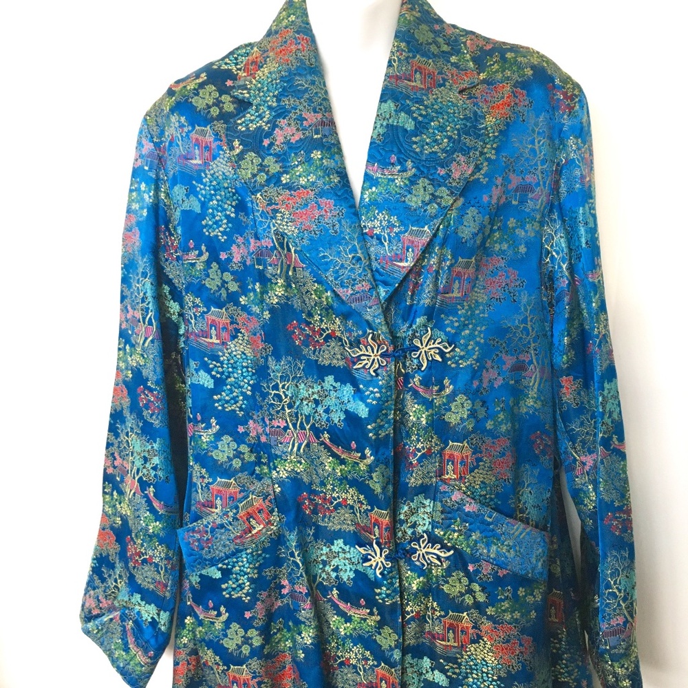 Vintage Maxi Coat Made In Hong Kong Embroidered Chinese Garden Scene Size M Blue - Picture 2 of 6